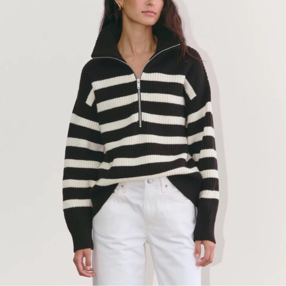 NWOT Everlane The Half-Zip Sweater in Luxe Merino in Black / Bone Size S